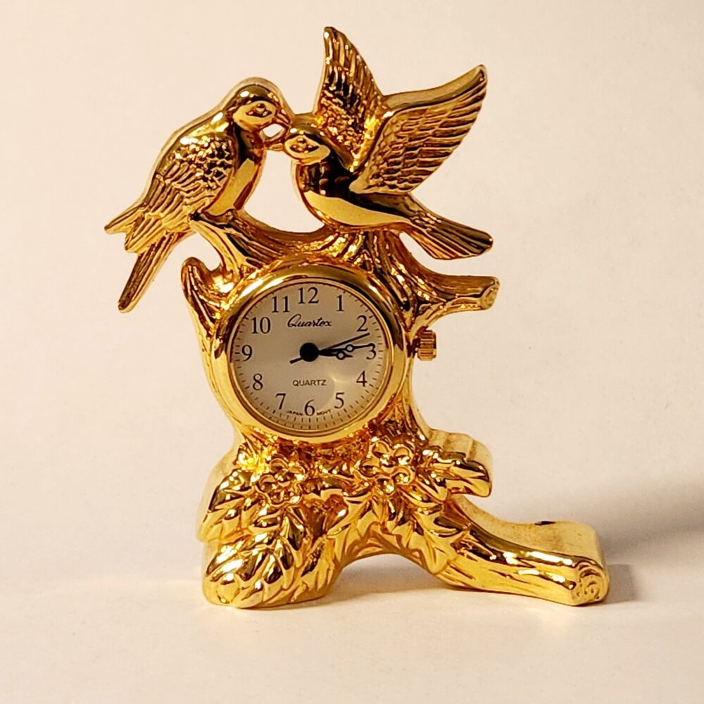 Lovebirds Quartox Gold Color Desk Clock - 2 1/2 Inches